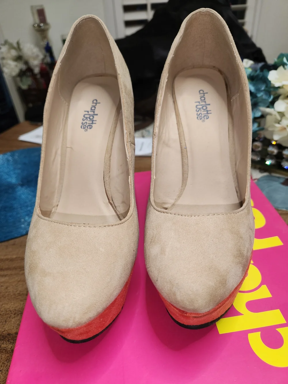 Charlotte Russe Beige Suede Wedges with Navy & Coral Colorblock